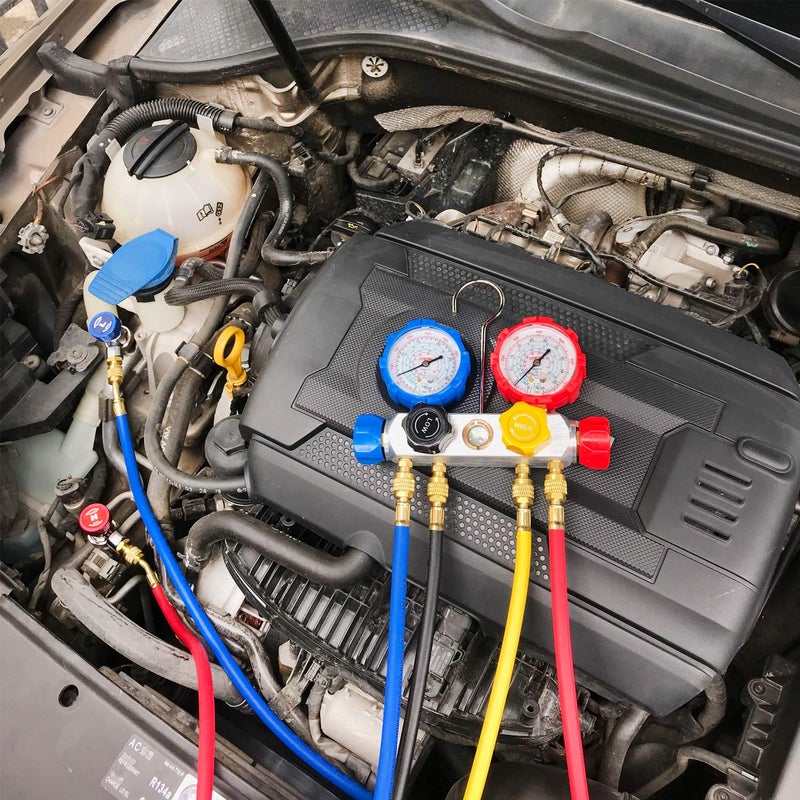 JIFETOR 4 Way AC Manifold Gauge Set, HVAC Diagnostic Refrigerant Charging Tool for Auto Household R404A R134A R410A, with 5FT Hose, Adjustable Quick Coupler, Adjustable Can Tap, Tank Adapters - Image 2